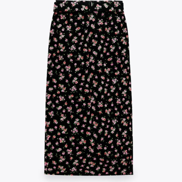 NWT ZARA Black and Pink Floral High Waisted Midi Skirt with Belt - Picture 2 of 7